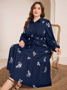 Graceveil Plus Size Embroidered Fabric Elegant Belted Long Sleeve Dress