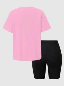 SHEIN Set de 2 piezas de camiseta de manga corta con estampado gráfico y pantalones cortos ajustados con estampado, ropa casual para chicas adolescentes