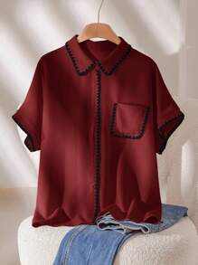 CosyJoli Áo sơ mi tay ngắn cài nút màu khối cỡ lớn thường ngày - Đỏ - Xem 1