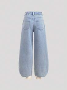 SHEIN Girlism 青少年女孩浅蓝色牛仔宽松阔腿裤，带有可爱的心形和冰淇淋字母图案，夏季海滩波西米亚风度假短裤秋冬 - 淺色水洗藍 - 查看 2