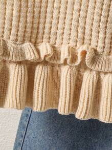 Youth Girls' V-Neck Sleeveless Cropped Knit Tank Top With Ruffle Trim, Solid Beige - Apricot - View 7