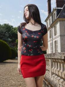 lacRébo Black Fitted Top With Red Rose Print With Square Neckline And Ruched Front Cute Spring Top Spring Summer - Multicolor - View 1