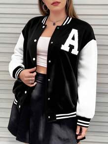 Sunspun Plus Size Color Block Letter Patch Baseball Jacket, Casual For Autumn/Winter Fall Cloth For Women