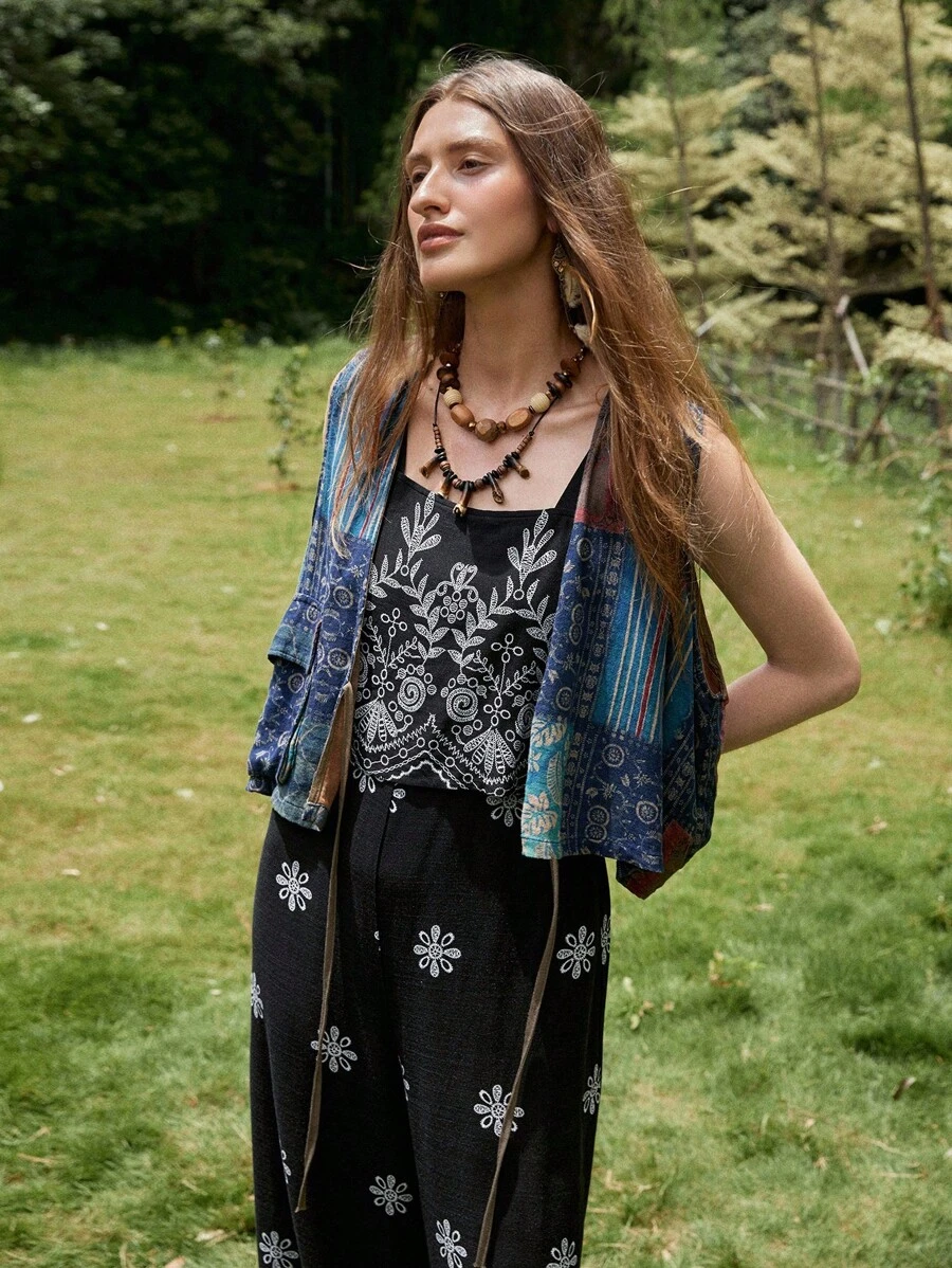 Florisole Macacão vintage com estampa floral para mulheres, ideal para o look de volta às aulas no outono - Preto - Ver 1