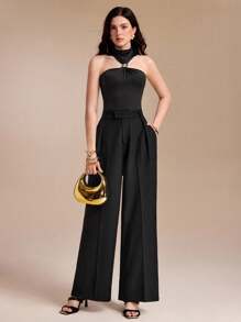 Spring Affair Solid Color Pleated High Waist Straight Leg Palazzo Pants, Casual Formal Party Vacation Teacher Outfits For Women Wide Leg Pants Women - Black - View 6
