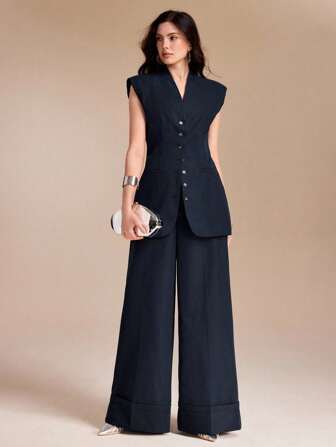 MEYER STUDIO بنطلون نسائي كاجوال واسع الساق ذو خصر عالي مطوي الحافة، لون أزرق جينز، بنطلون بدلة رسمية نسائية ذو ساق واسعة