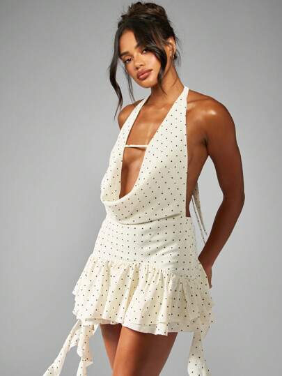 Missguided Polka Dot Halter Mini Dress Summer Chiffon Backless Party Dress Ruffle Hem Wedding Guest Flowy Bridesmaid Occasion Dress,XL