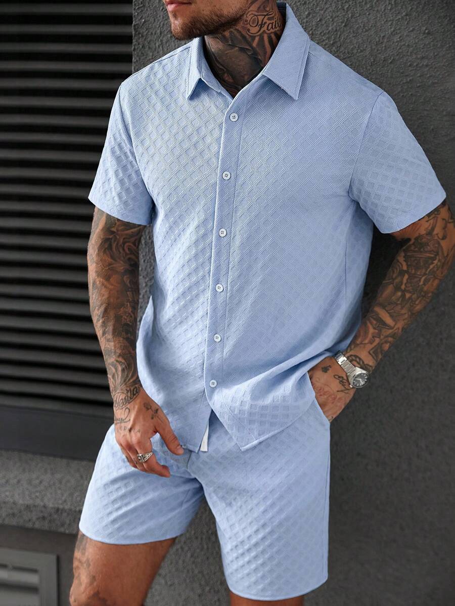 Manfinity Homme 2件套纯色纹理面料休闲短袖衬衫 - 藍色 - 查看 1