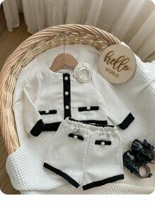 Baby Girls Elegant Contrast Binding 3D Floral Decor Woven Jacket And Elastic Waist Shorts Set, Autumn/Winter - White - View 1