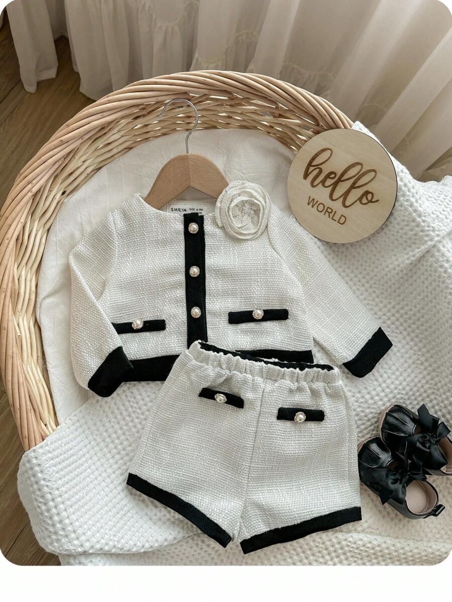 Baby Girls Elegant Contrast Binding 3D Floral Decor Woven Jacket And Elastic Waist Shorts Set, Autumn/Winter - White - View 1