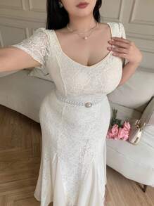 Modelyn 大码女式优雅纯色修身短袖连衣裙