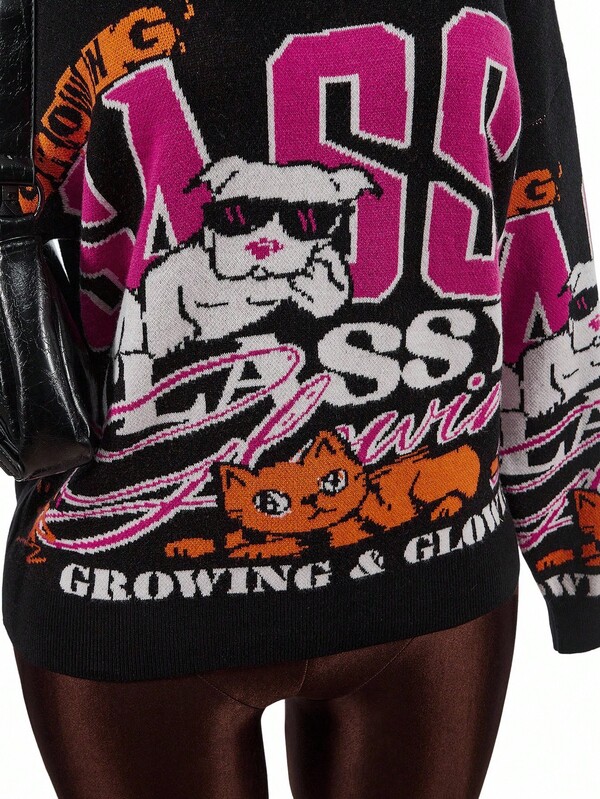 Amplova Plus Size Women V-Neck Long Sleeve Casual Slogan Logo Animal Print Pullover Sweater, Autumn/Winter