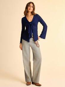 CAJUNI V-Neck Tie Waist Flare Sleeve Textured Fabric Long Sleeve Casual Top Casual Blouse For Women Fall Clothes For Women  Fall Outfits For Women