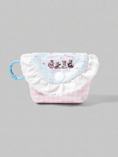 Kawaii Cute Cat Band Print White Lace Portable Mini Coin Pouch Earphone Case Accessory