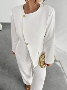 Firerie 2pcs/Set Plus Size Simple Commuter Casual Single-Breasted Blazer And Pants Suit In Fall/Winter - White - View 6