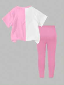 SHEIN 返校少女时尚休闲豹纹樱桃字母图案圆领短袖T恤豹纹打底裤套装个性街头套装夏秋装 - 彩色 - 查看 2