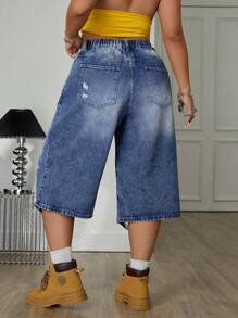 Jeanoix Plus Size Casual Distressed Loose Fit Denim Jeans - Blue - View 2