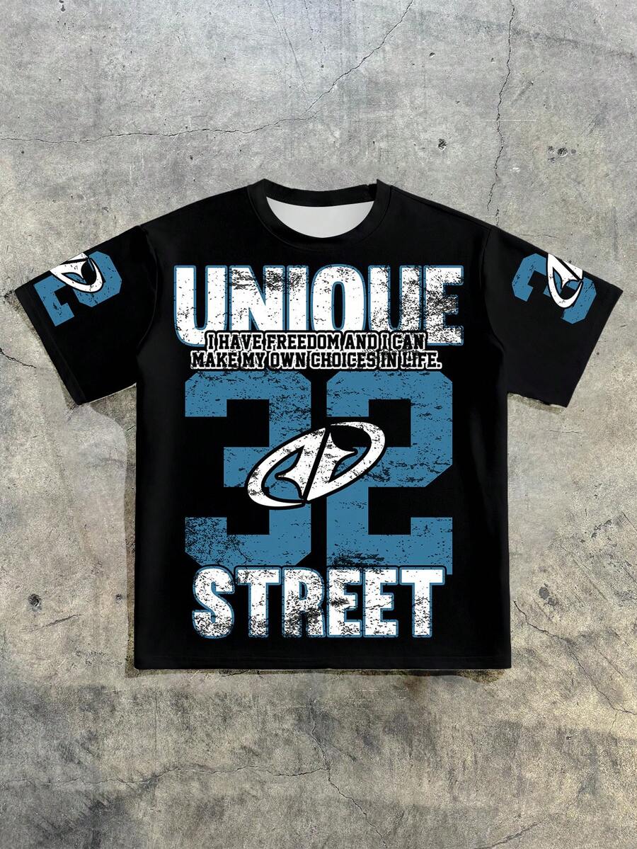 AXEPEAK Men's Contrast Color Print Round Neck Short Sleeve T-Shirt - Black - View 1