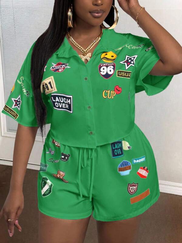 Slaydiva Slaydiva 2025 New Arrivals Plus Size Women's Casual & Streetwear 2 Pieces Set With Cartoon Graphic Print And Pocket, Spring/Summer Green 2 Piece Set Y2k 2 Piece Set Green Vacation Outfit Miami Club Outfit Jamaica Outfits Set