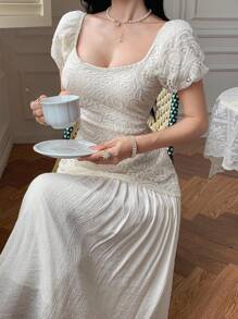 Vestido de unicolor elegante, con patchwork de encaje, para el verano