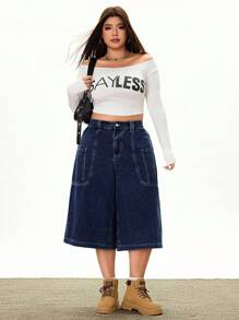 Rivivi Plus Size Women Pocket Patchwork Loose Washed A-Line Wide Leg Jeans