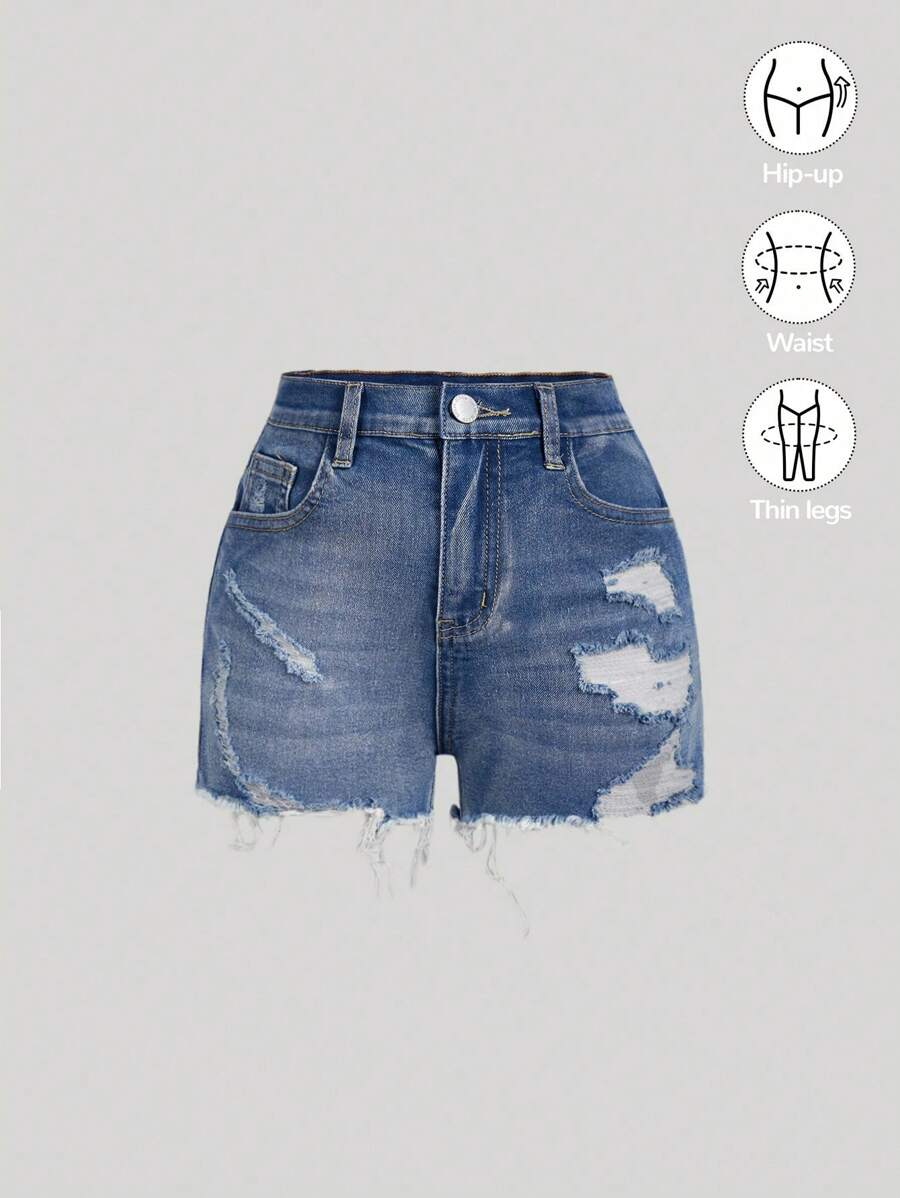 SHEIN Girlism Tween Girls' Spring Summer Boho Casual Distressed Denim Jeans Shorts With Slanted Pockets,Summer Girls Clothes Outfits - Medium Wash - View 1