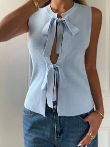 CovetEZ Blusa de punto informal de verano para mujer con nudo delantero en unicolor - Azul - Ver 4