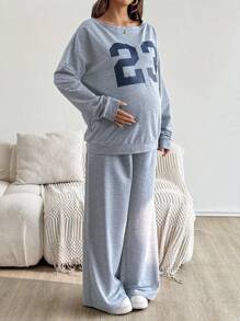 SHEIN 2pcs Set Maternity Casual Loose Number Print Top And Pants  Fall Women Clothes