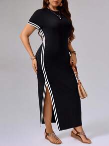 SHEIN Tall Women Plus Size Long Split Hem Dress, Spring/Summer Black And White Dress Women Black Dress With Slit Sporty Dress - Black - View 5