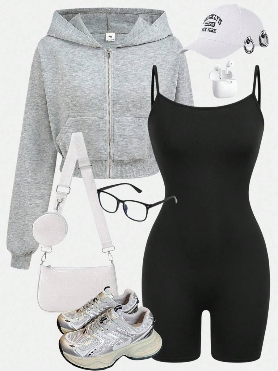 SHEIN 2 件套青少年女孩休闲装:灰色纯色针织套头连帽衫,带口袋,黑色纯色紧身运动连体裤,返校,街头运动休闲运动服 - 彩色 - 查看 1