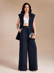 MEYER STUDIO 牛仔蓝梭织高腰卷边阔腿长裤女休闲西装裤藏青色裤套装女女士裤套装正式裤套装阔腿裤套装 - 寶藍色 - 查看 7