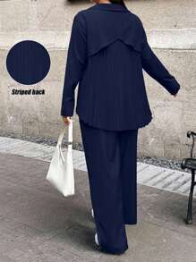 Calvaya Women's Solid Color Pleated Back Top And Wide Leg Pants Casual Suit - Navy Blue - View 1