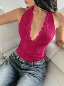 Aloruh 女士性感优雅蕾丝拼接露背深 V 吊带背心 - 玫紅色 - 查看 5