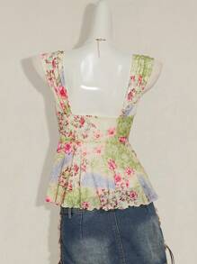 SHEIN ICON Women's Vacation Floral Print Pleated Fashion Camisole 4th Of July Women Outfits Cute Summer Tops Going Out Tops