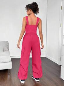 SHEIN Tween Girls Casual Street Fashion Solid Color Knit Tank Top With Drawstring Ankle Pants Set - Hot Pink - View 4