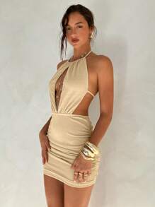 Aloruh Women's Golden Mini Party Dress, Sexy And Elegant For Graduation, Wedding, Prom Season, Spring/Summer - Gold - View 3