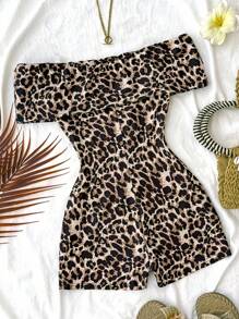 SHEIN 少女紧身衣和连体裤豹纹露肩长袖荷叶边袖口系带前连体裤，适合派对、节日、街头服饰、秋冬分层穿着