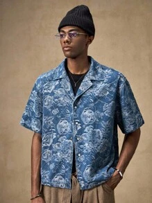 AKNOTIC Business Casual 年轻男士休闲宽松短袖开襟衬衫男士花衬衫男士夏季衬衫男士纽扣衬衫男士夏威夷衬衫男士热带衬衫 - 深色水洗藍 - 查看 4