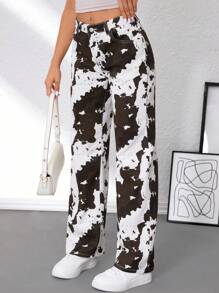 SHEIN Tall Jeans anchos y sueltos de estilo casual con estampado de vaca, jeans blancos para mujer, ropa de mujer para otoño, jeans de vuelta al colegio