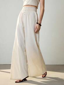 Uhlyne Women's Linen Casual & Elegant Spring, Fashionable Basic Everyday Commuting High-End Feel, Old Money Style Fake Button Design Pants,Autumn,Minimalist,Business Casual,Holiday,Work Wear,Teacher,Back To School,Fall - Apricot - View 5