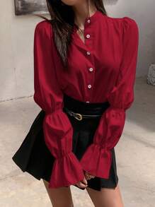 INAWLY 女士纯色前扣长袖休闲衬衫 - 紅色 - 查看 4