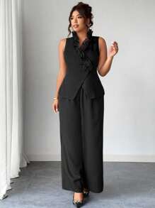 Elenzga Plus Size Women's Black Summer Curve Elegant Cocktail Gothic Prep 3D Floral Vest Suit,Fashion Decorative Button Blazer Set Dark Feminine Commuter - Black - View 5