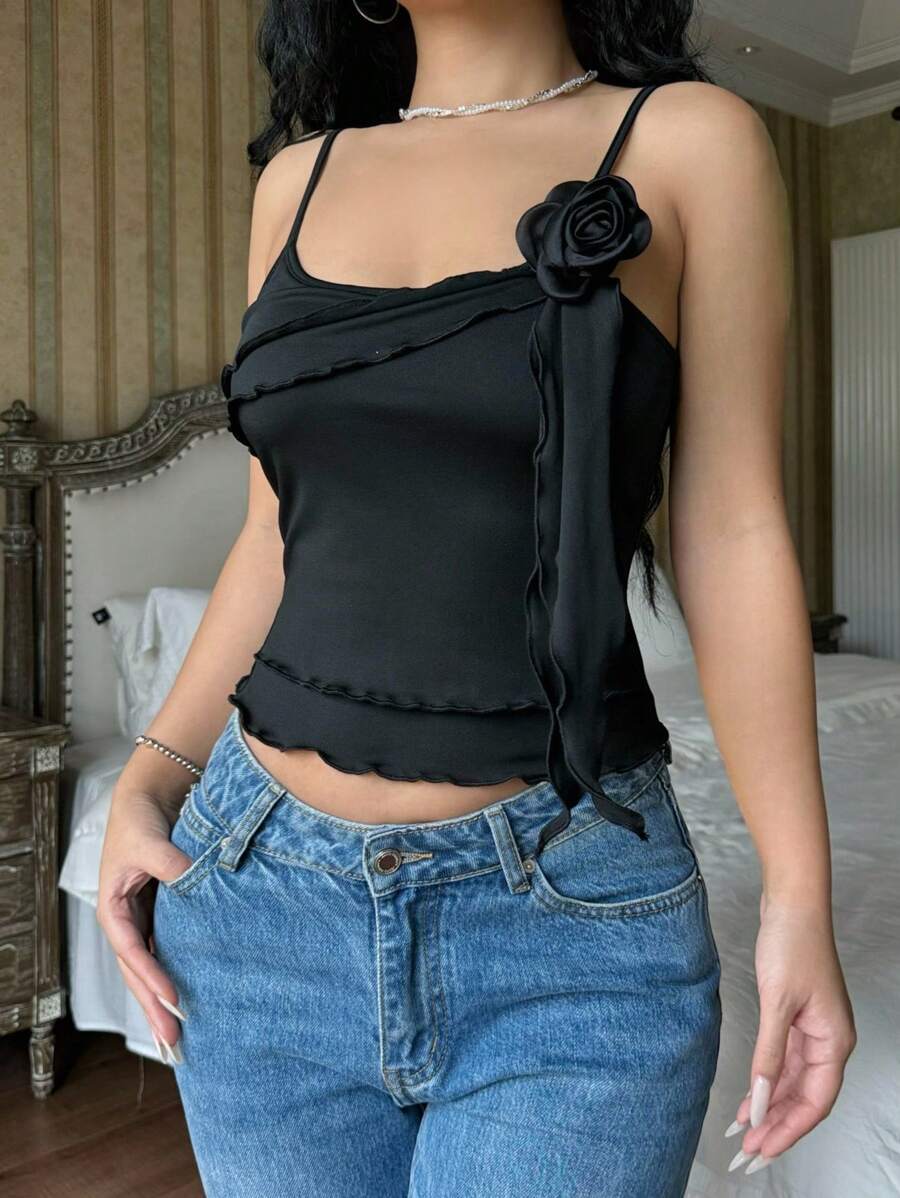 Chiquease Ruffle Trim 3D Flower Decor Cami Top