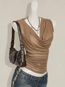SHEIN ICON Débardeur ample au décolleté plongeant avec perles, dos nu, style américain, polyvalent