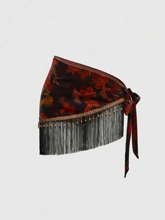 Hippie Falda de línea A de cintura con cordón, estilo vintage hippie, con flores, terciopelo y cuentas de madera con borlas
