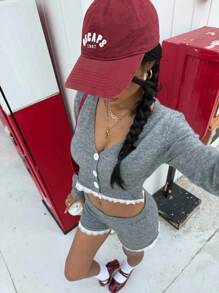 SHEIN EZwear 女式蕾丝边短款开衫和短裤两件套 - 灰色 - 查看 4