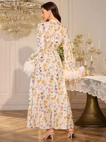 SHEIN 女士奢华羽毛装饰宽袖多色玫瑰印花网眼超长睡袍花卉睡袍女士睡衣裙夏季睡袍长款睡袍羽毛装饰睡袍 - 彩色 - 查看 2