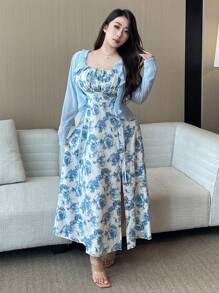 Flirla 2 件大码女式春夏套装：荷叶边领长袖纹理针织开衫 + 圆领褶饰蝴蝶结吊带花卉印花开衩喇叭裙，优雅复古休闲假日 - 藍白色 - 查看 6