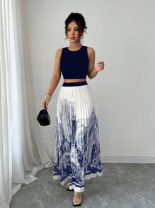 Franclia Damen 2-teiliges Set: einfarbiges kurzes Trägertop und plissierter Rock mit Architektur-Muster, elegant und modisch