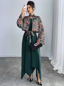 Yasmyna 女式前系带长袖印花休闲夹克和迷你连衣裙阿拉伯服装套装 - 綠色 - 查看 3